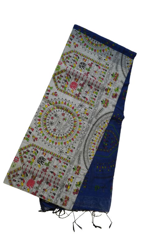 Khadi Cotton Saree with Madhubani Print - Royal Blue & Grey